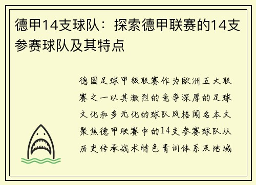 德甲14支球队：探索德甲联赛的14支参赛球队及其特点